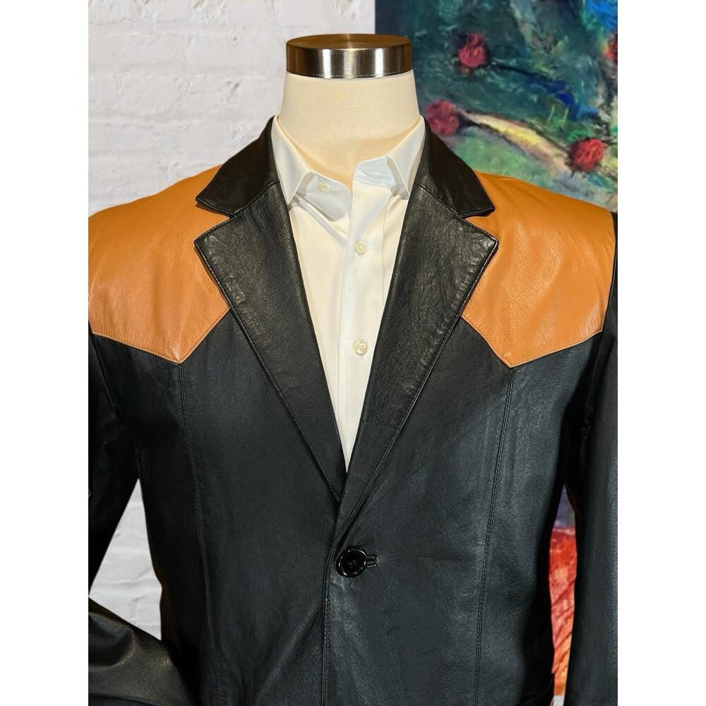 Ferugini M / L Leather Western Blazer Jacket Removable Lining Black Brown - Picture 3 of 15